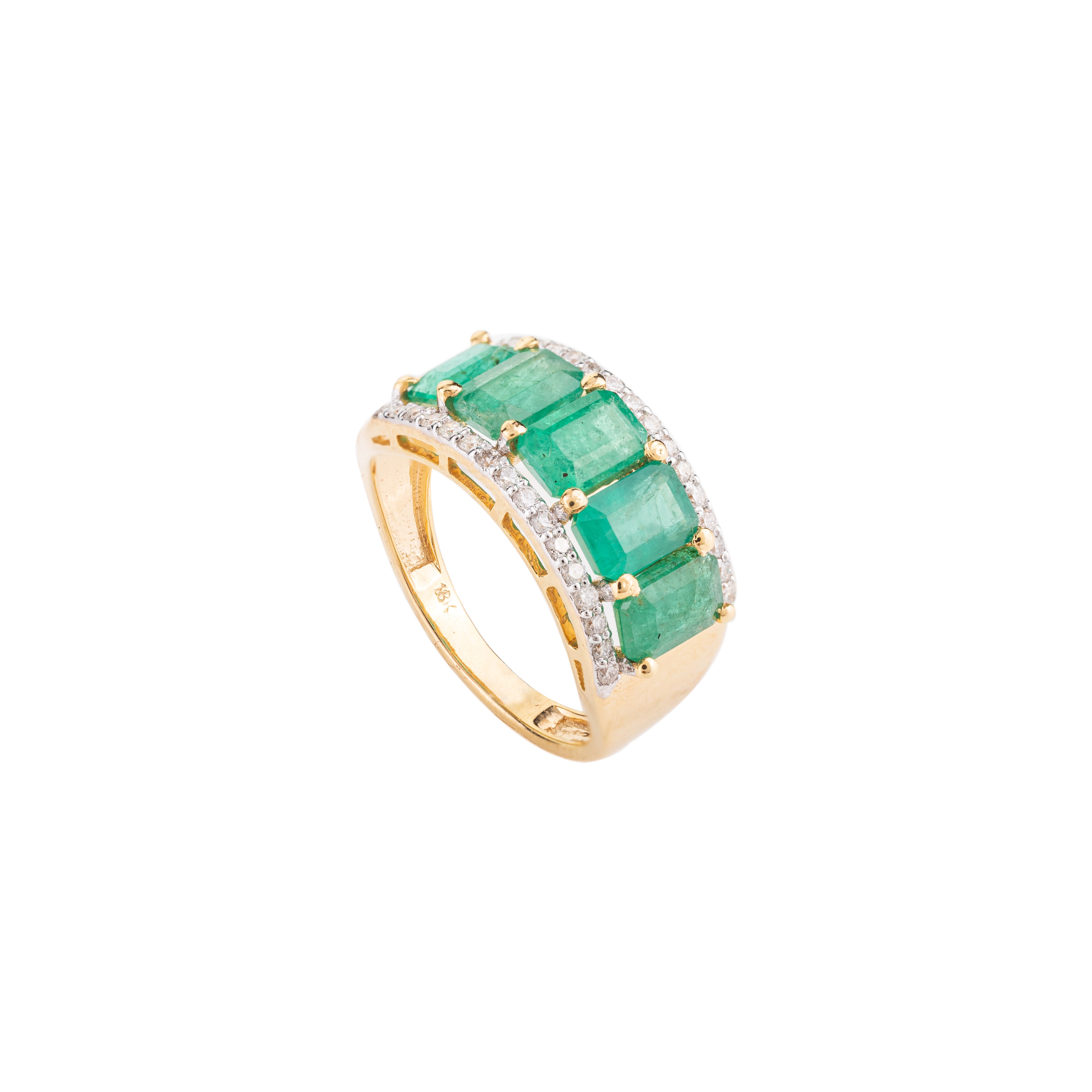 18k Gold Five Stone Emerald Diamond Engagement Band Ring