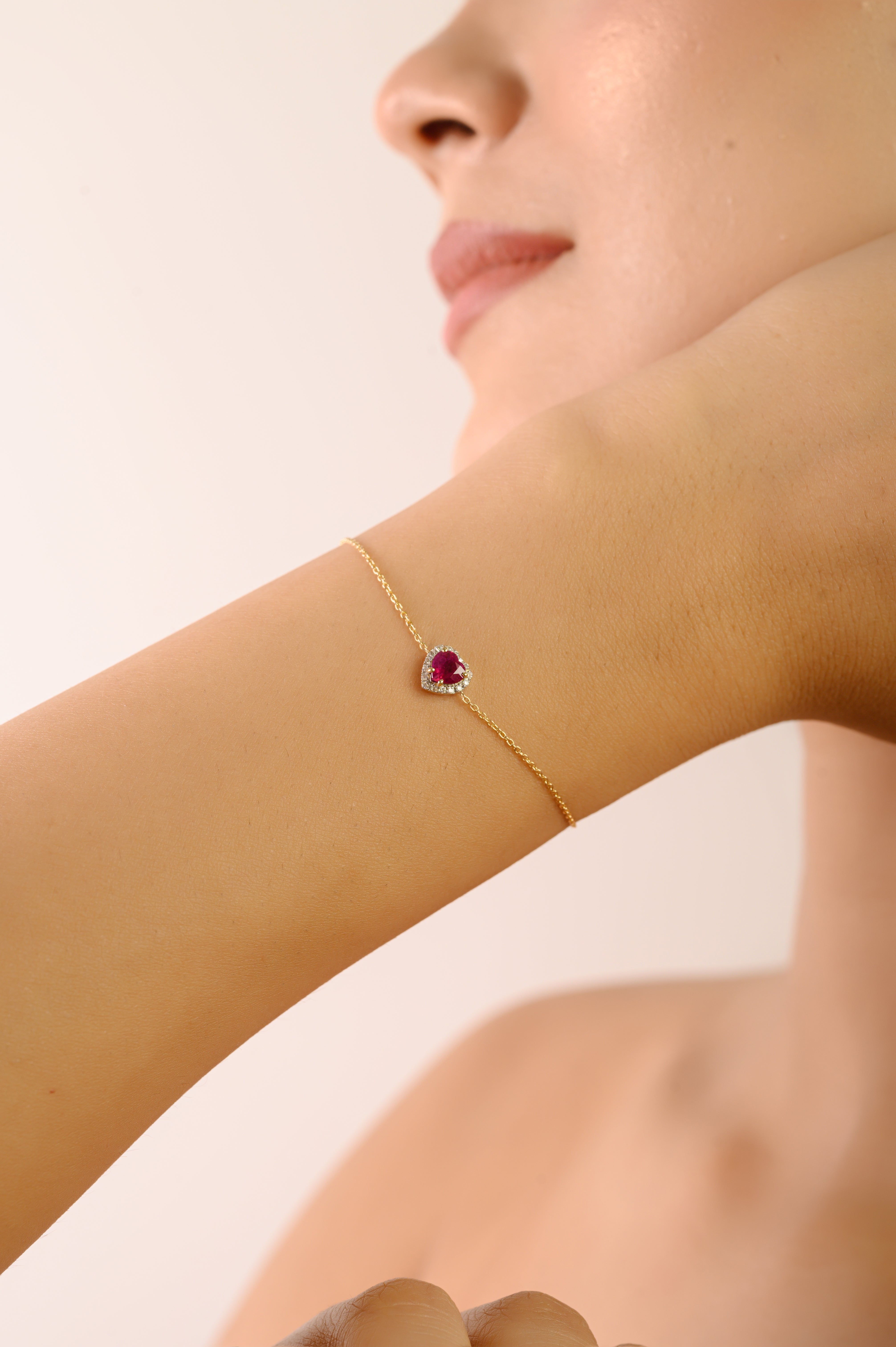 14K Timeless Heart Ruby Halo Diamond Bracelet For Christmas