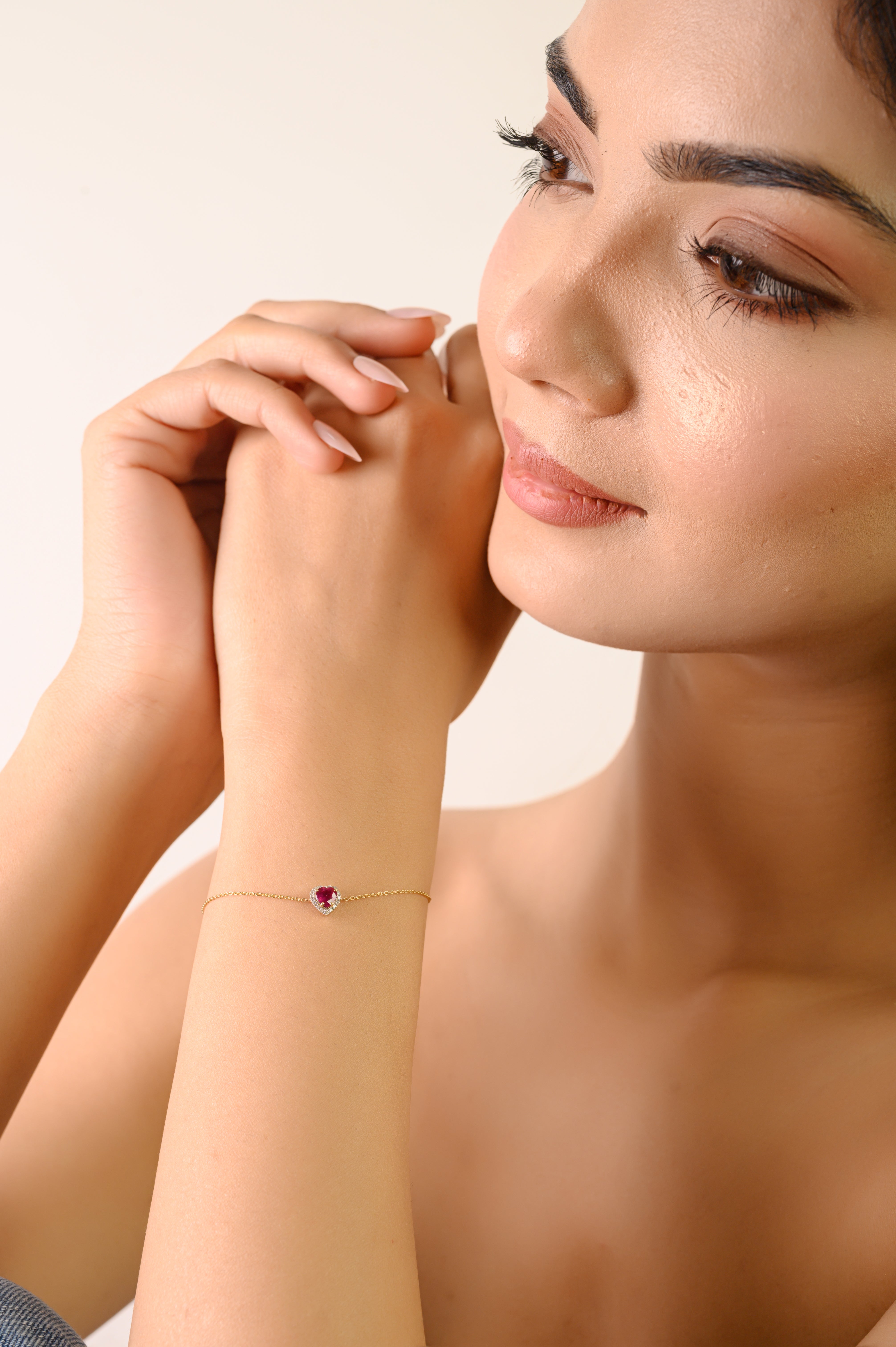 14K Timeless Heart Ruby Halo Diamond Bracelet For Christmas