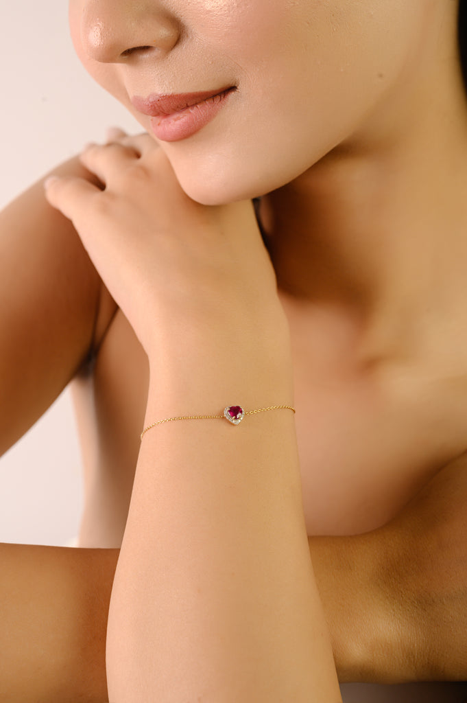 14K Timeless Heart Ruby Halo Diamond Bracelet For Christmas Image
