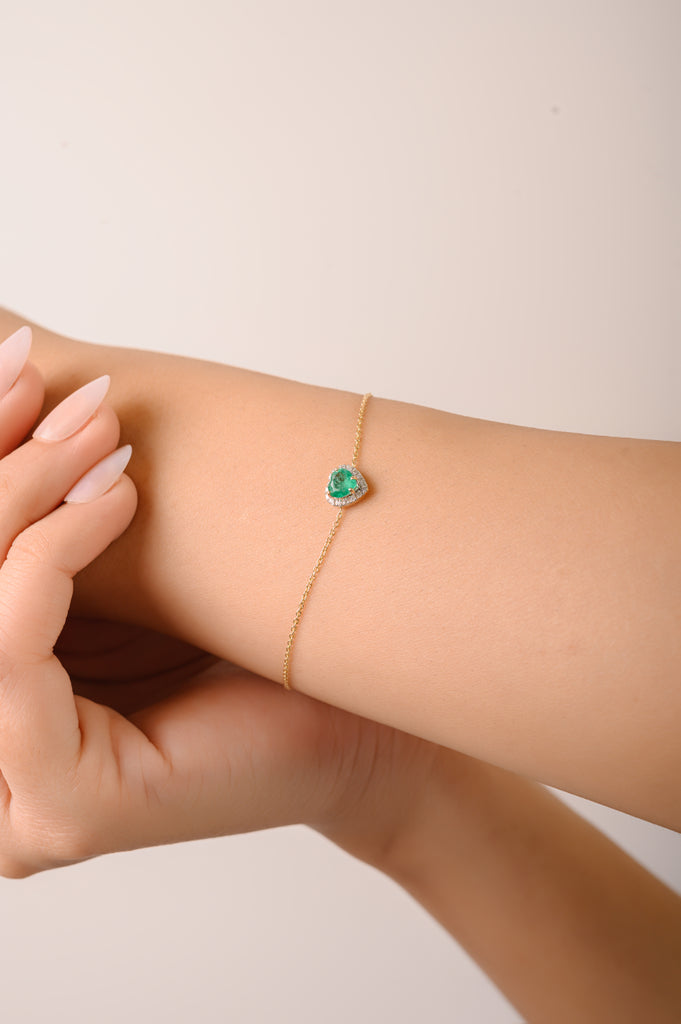 14K Classic Emerald Halo Diamond Heart Bracelet Image