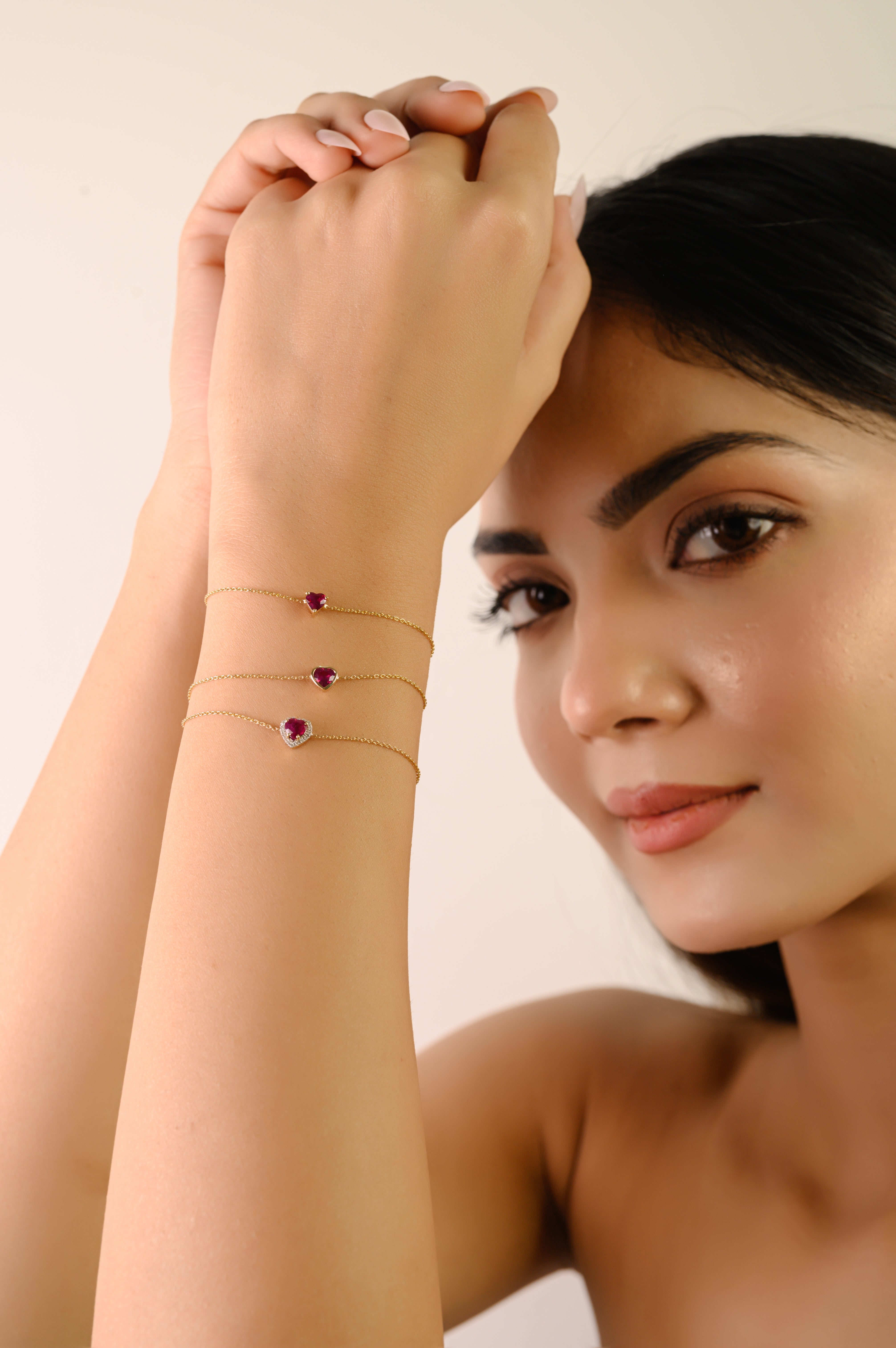 14K Natural Ruby Prong Set Heart Bracelet For Bridesmaids