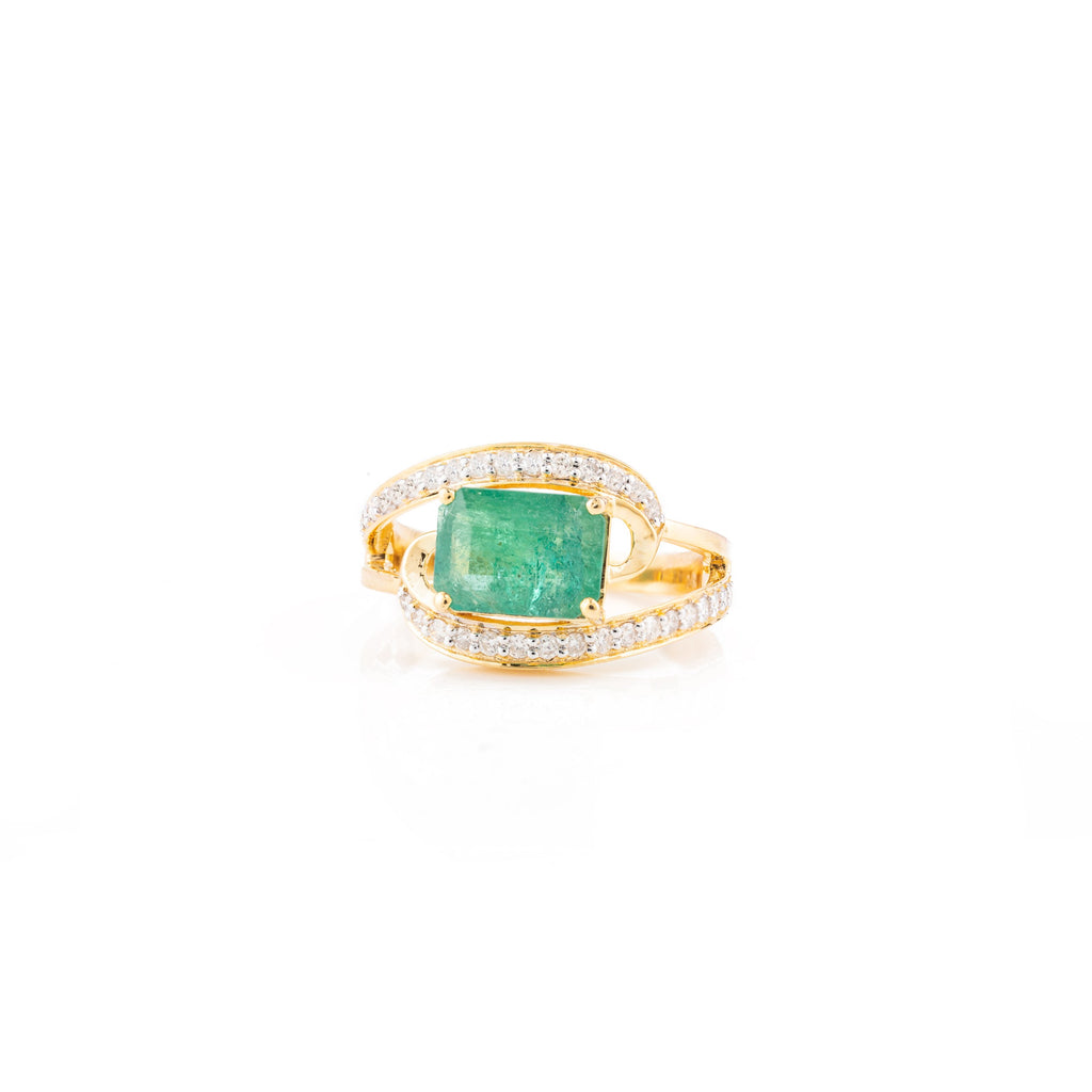 Magnificent Emerald & Diamond Bypass Ring in 18k Solid Yellow Gold Image