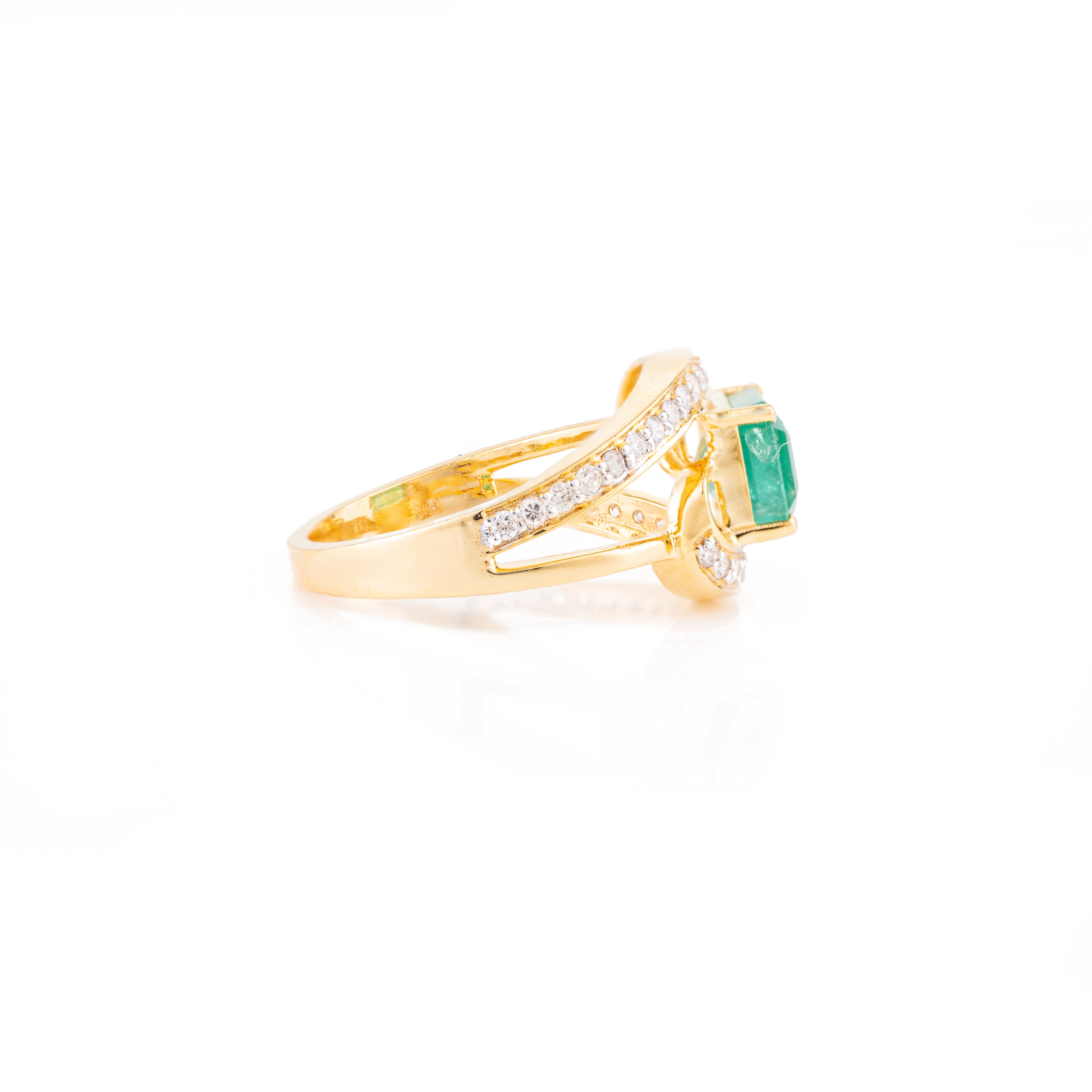 Magnificent Emerald & Diamond Bypass Ring in 18k Solid Yellow Gold