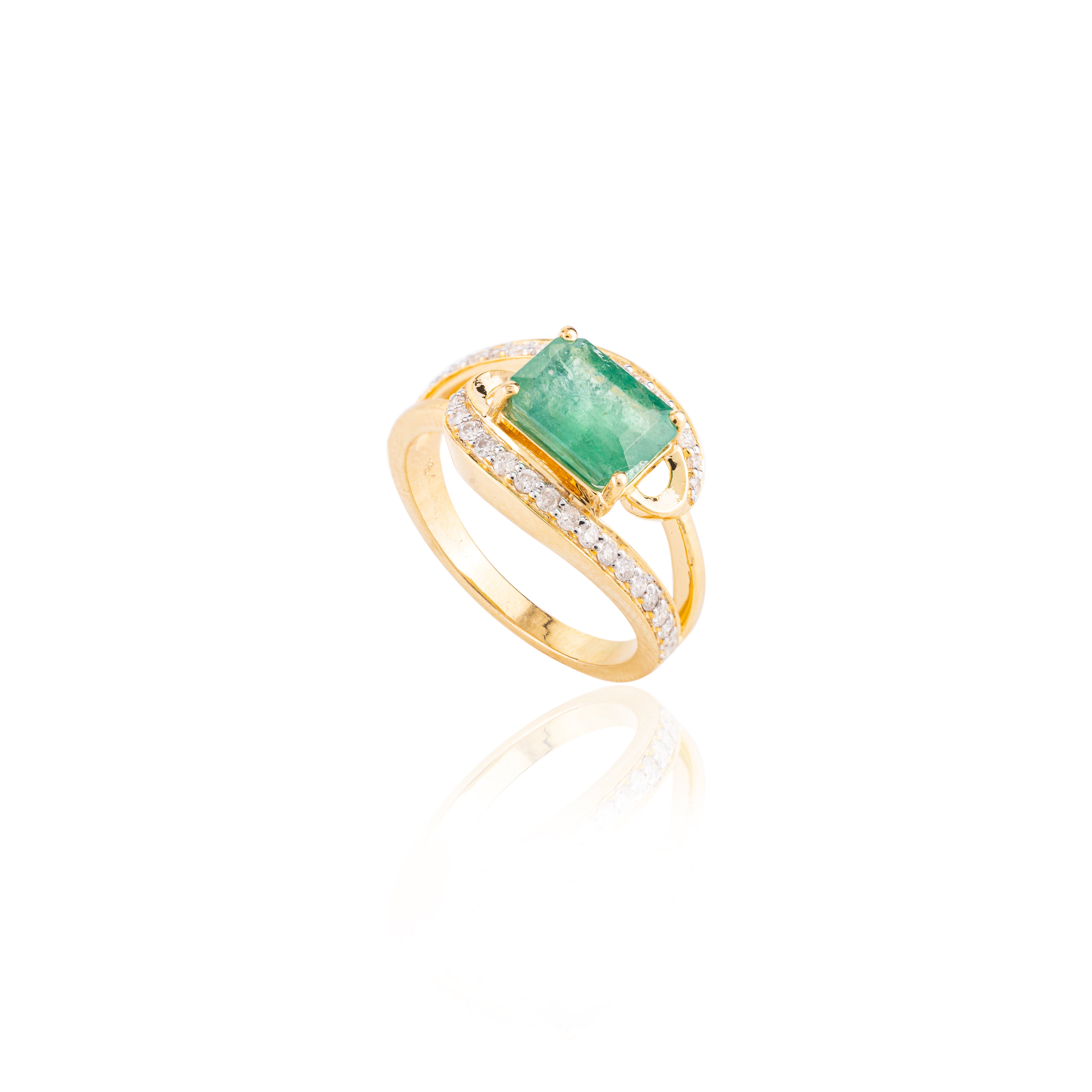 Magnificent Emerald & Diamond Bypass Ring in 18k Solid Yellow Gold