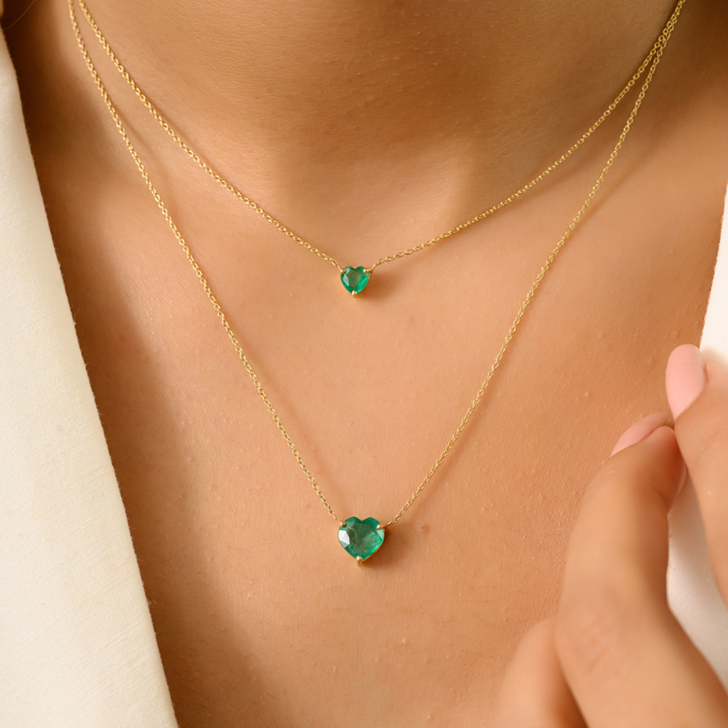 14K Emerald Solitaire Heart Chain Necklace For Love Image