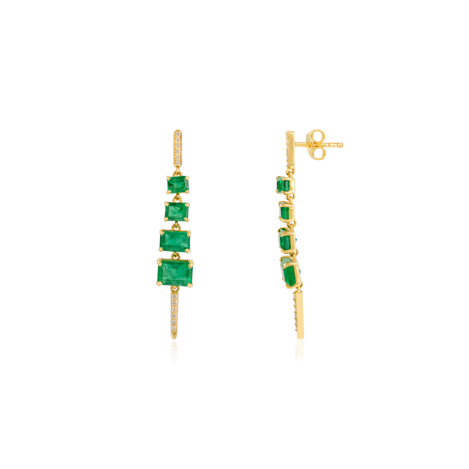 14K Graduated Emerald and Diamond Drop Earrings