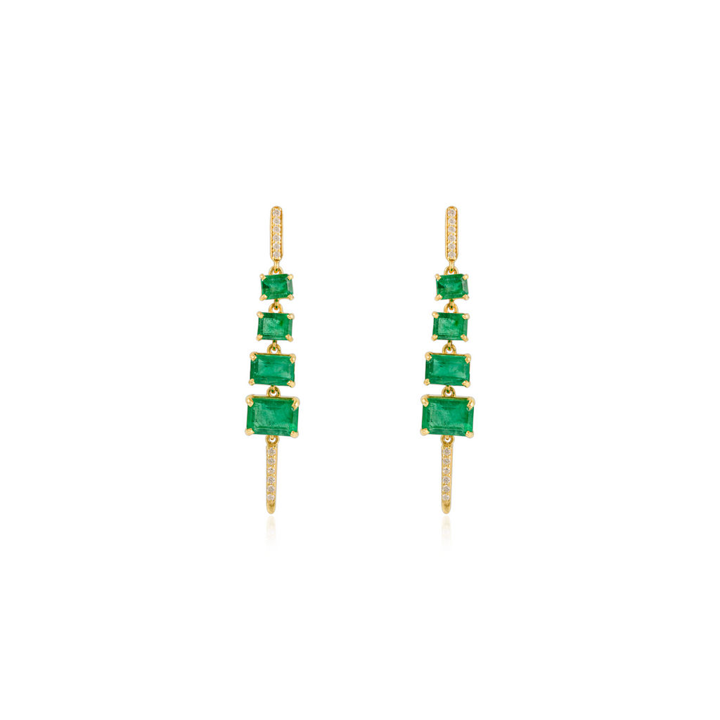 14K Graduated Emerald and Diamond Drop Earrings Image