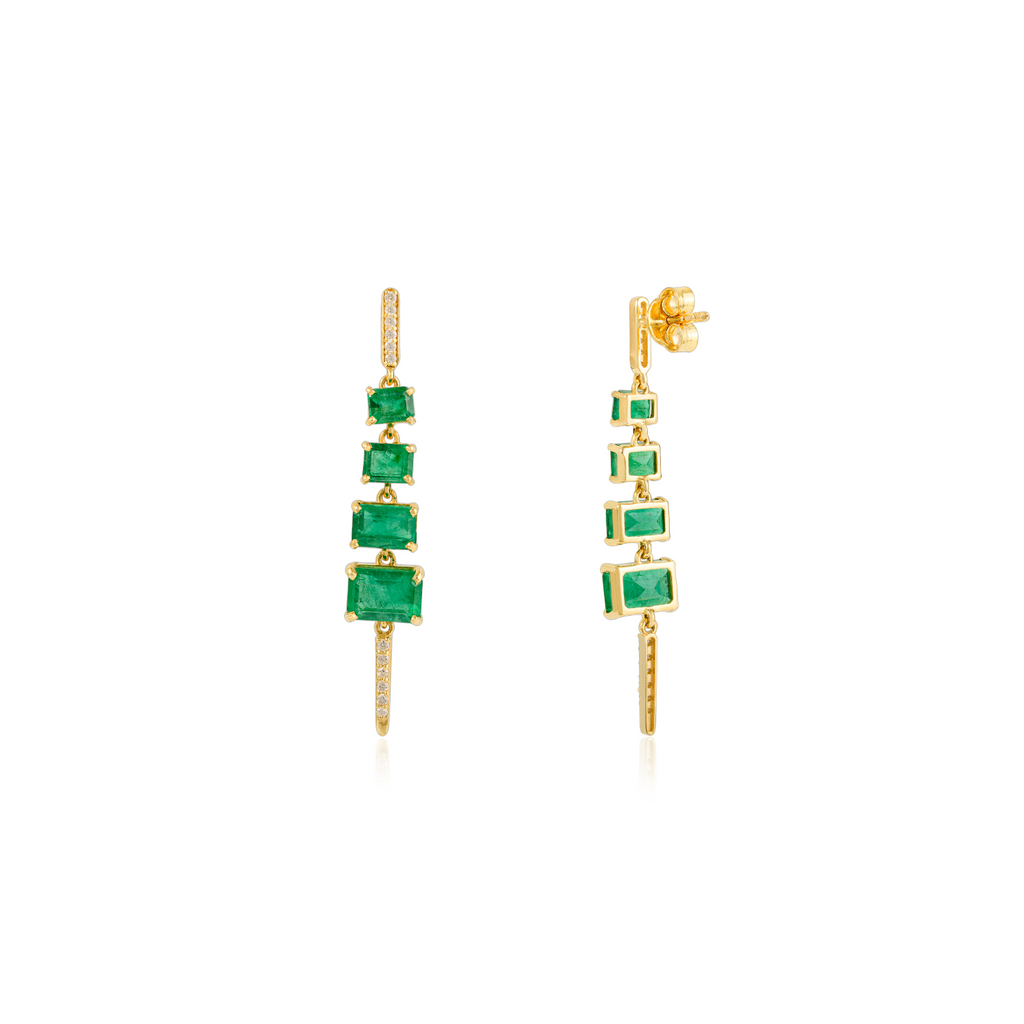 14K Graduated Emerald and Diamond Drop Earrings Image