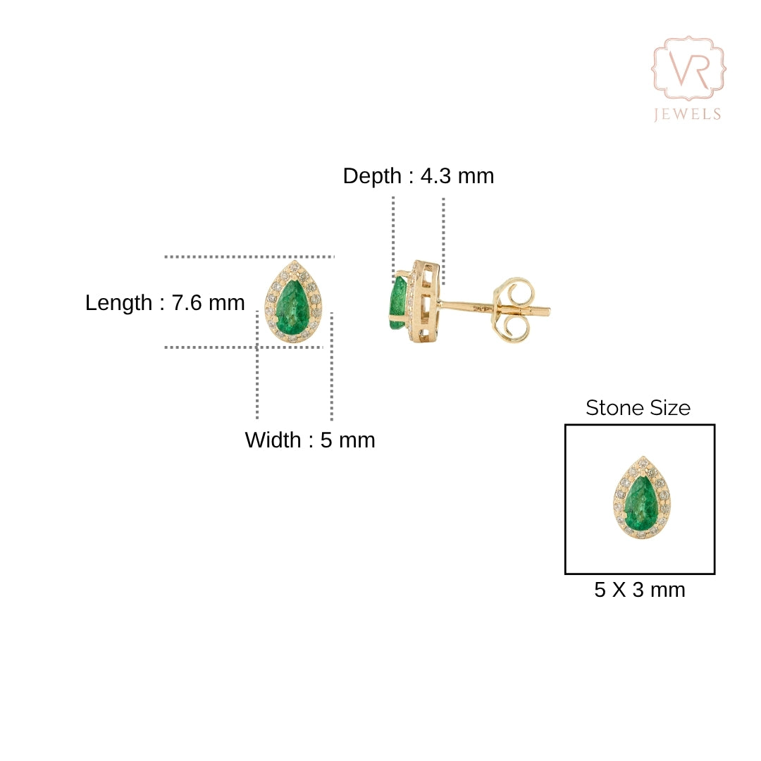 14K Gold Fine Pear Cut Emerald Halo Diamond Stud Earrings For Mom
