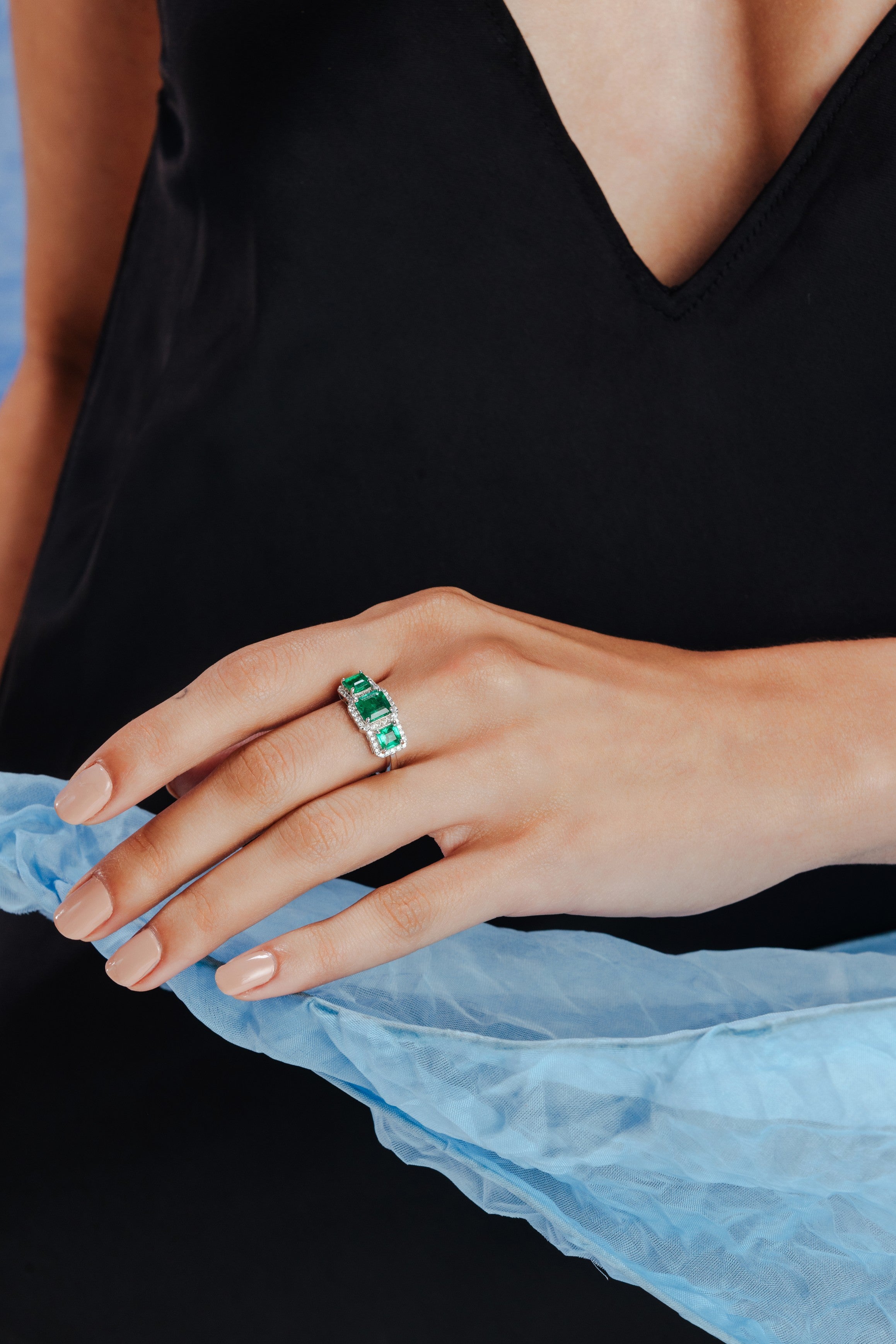 18K Gold Emerald Diamond Three Stone Ring