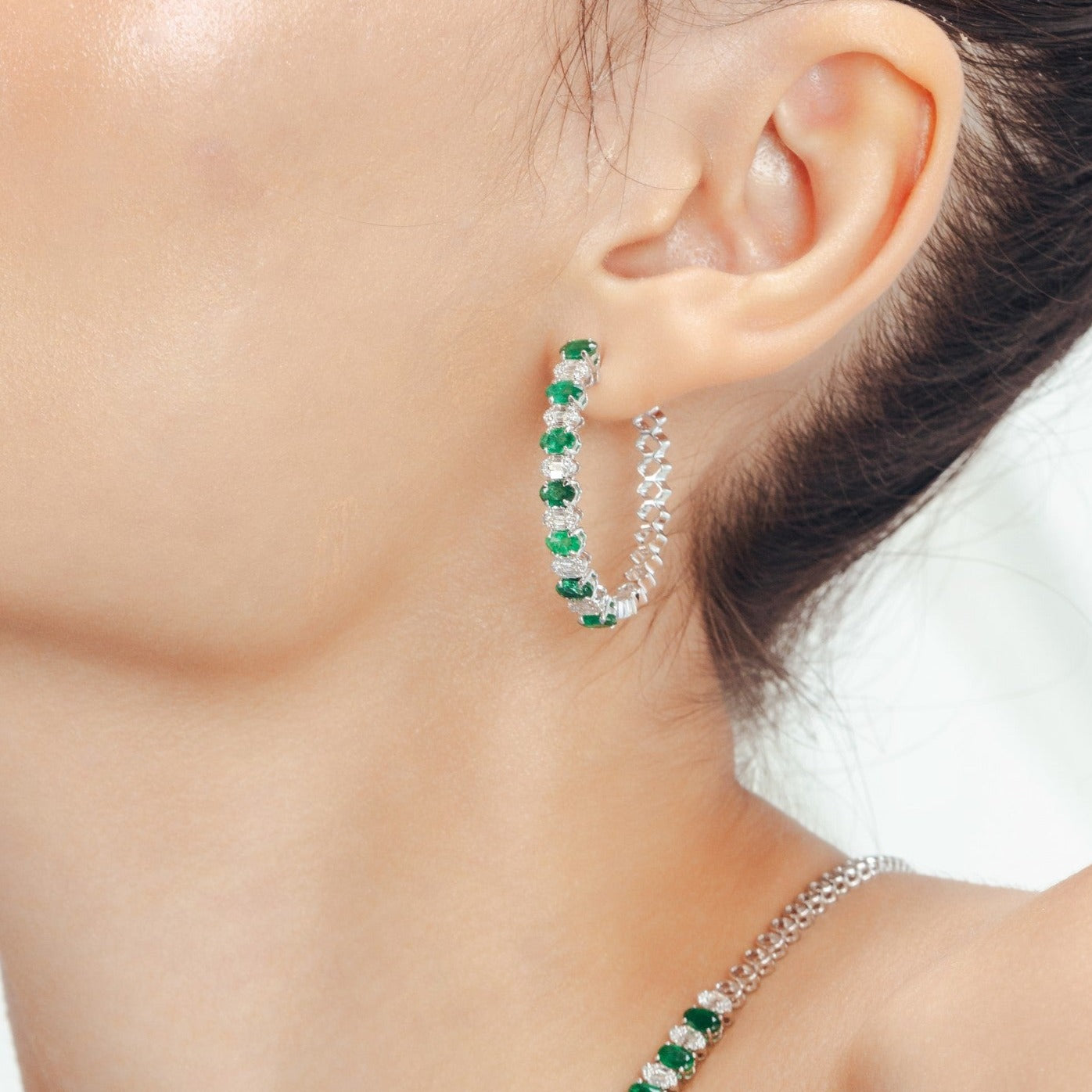 18K Gold Emerald & Diamond Designer Hoops