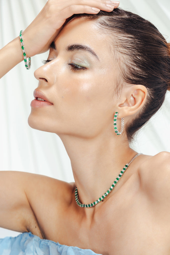 18K Gold Emerald & Diamond Designer Hoops Image