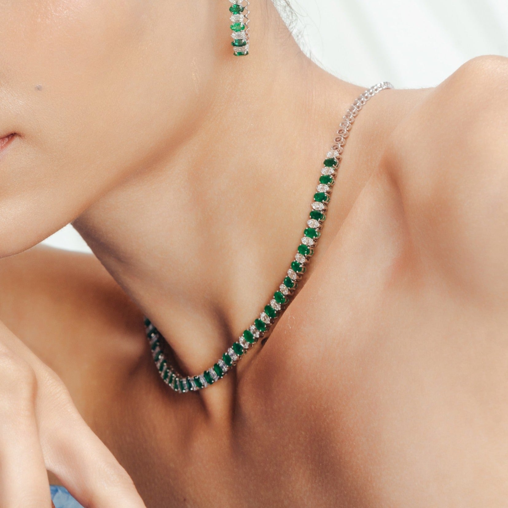 18K Gold Emerald & Diamond Tennis Necklace