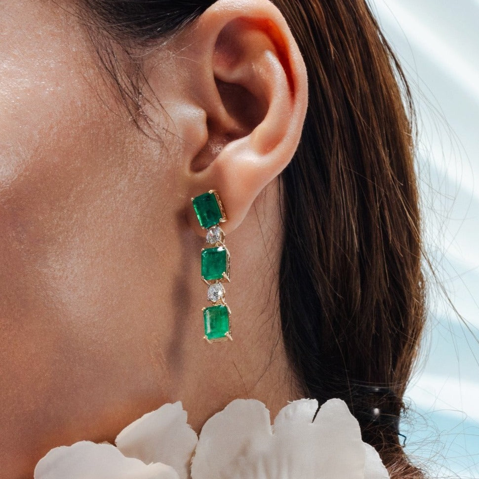 18K Gold Octagon Cut Emerald Diamond Drop Earrings Image