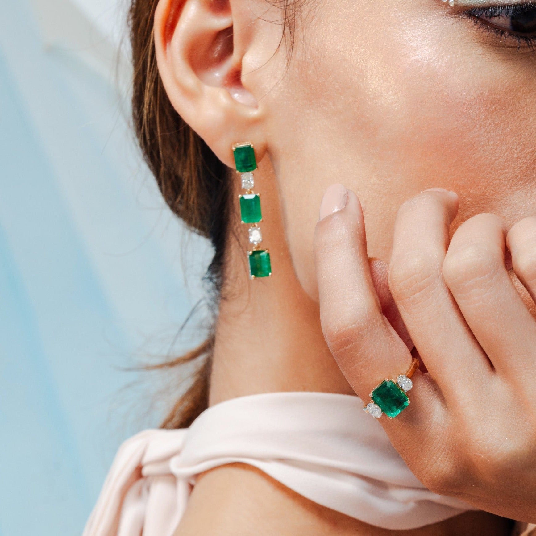 18K Gold Octagon Cut Emerald Diamond Drop Earrings