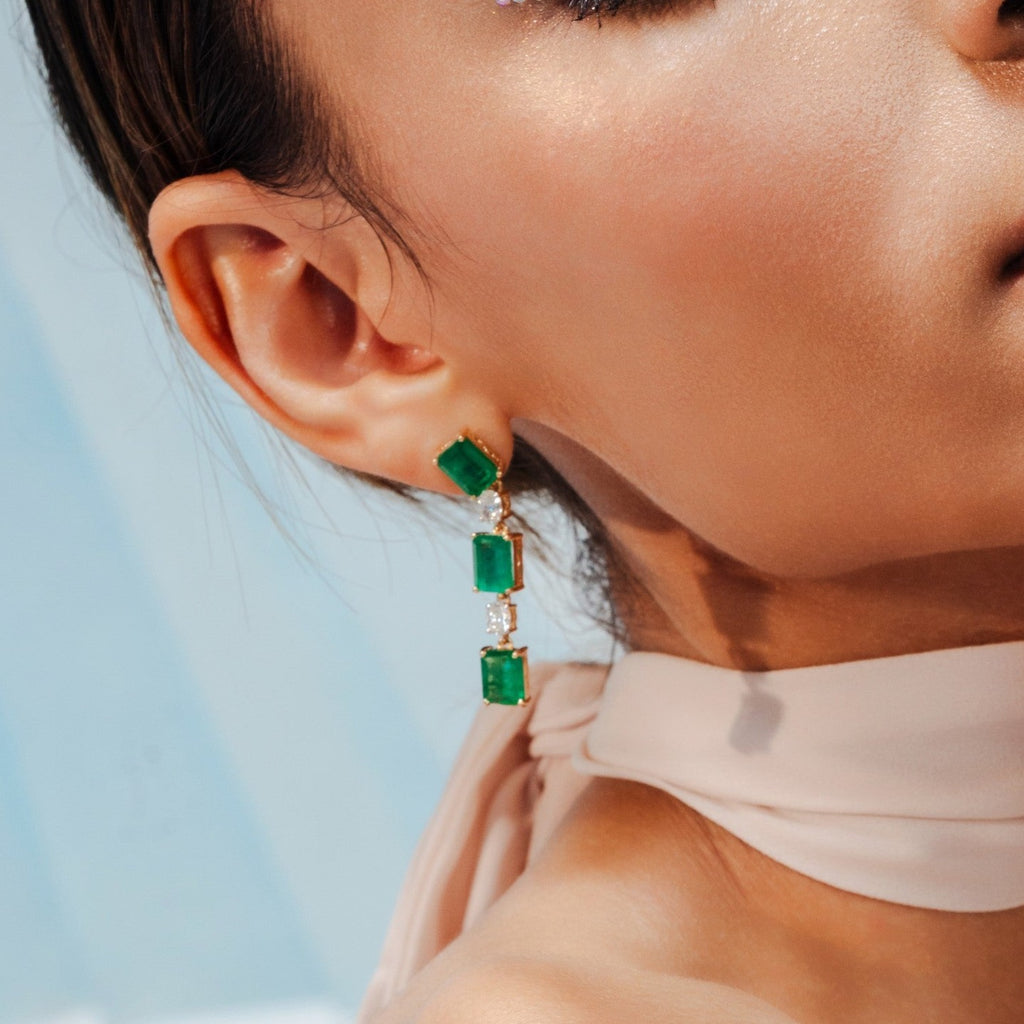 18K Gold Octagon Cut Emerald Diamond Drop Earrings Image