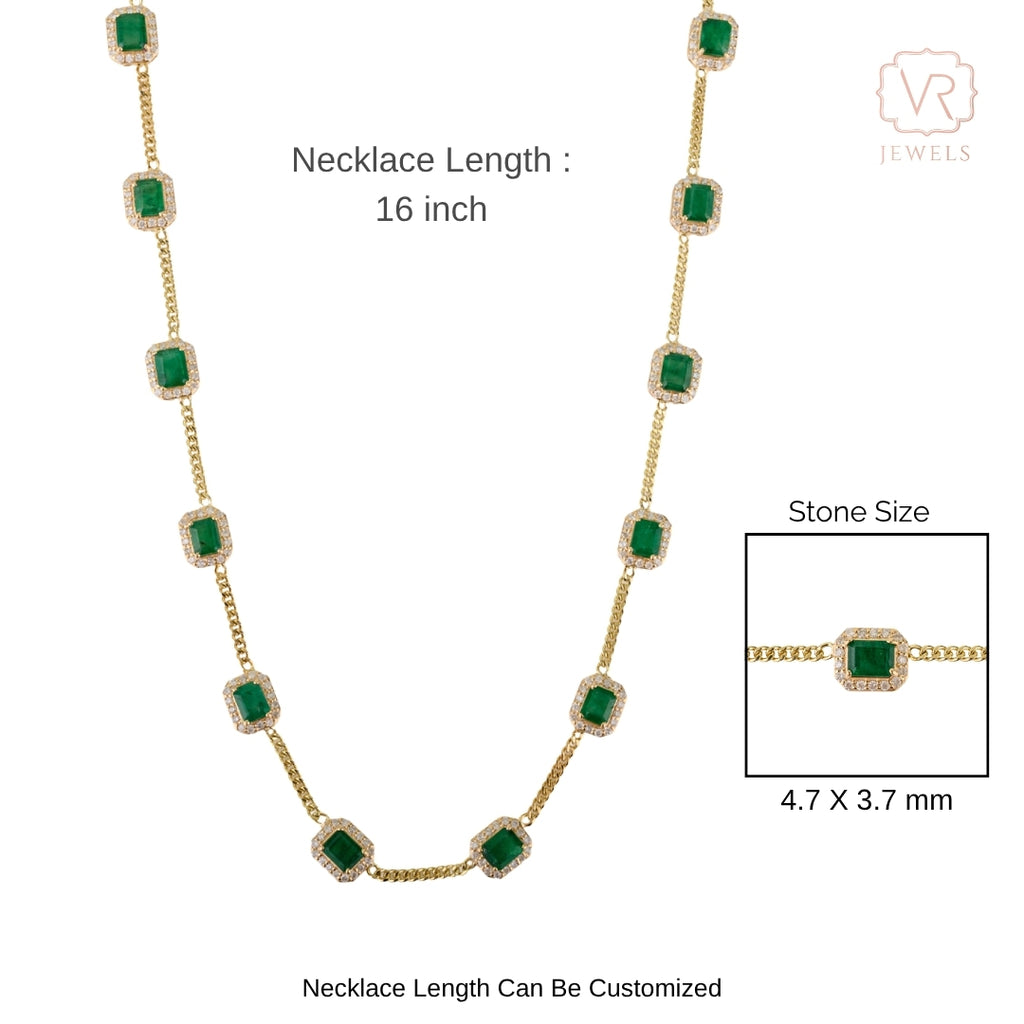 14K Gold Octagon 6.2 Ct Emerald & Diamond Halo Vintage Necklace Image