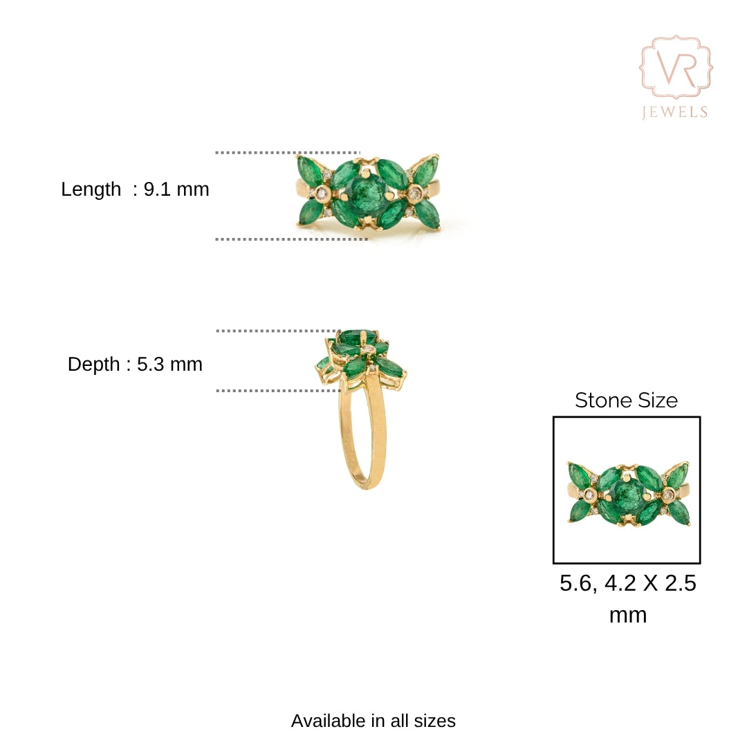 14K Gold Cluster Floral Emerald Diamond Art Deco Ring