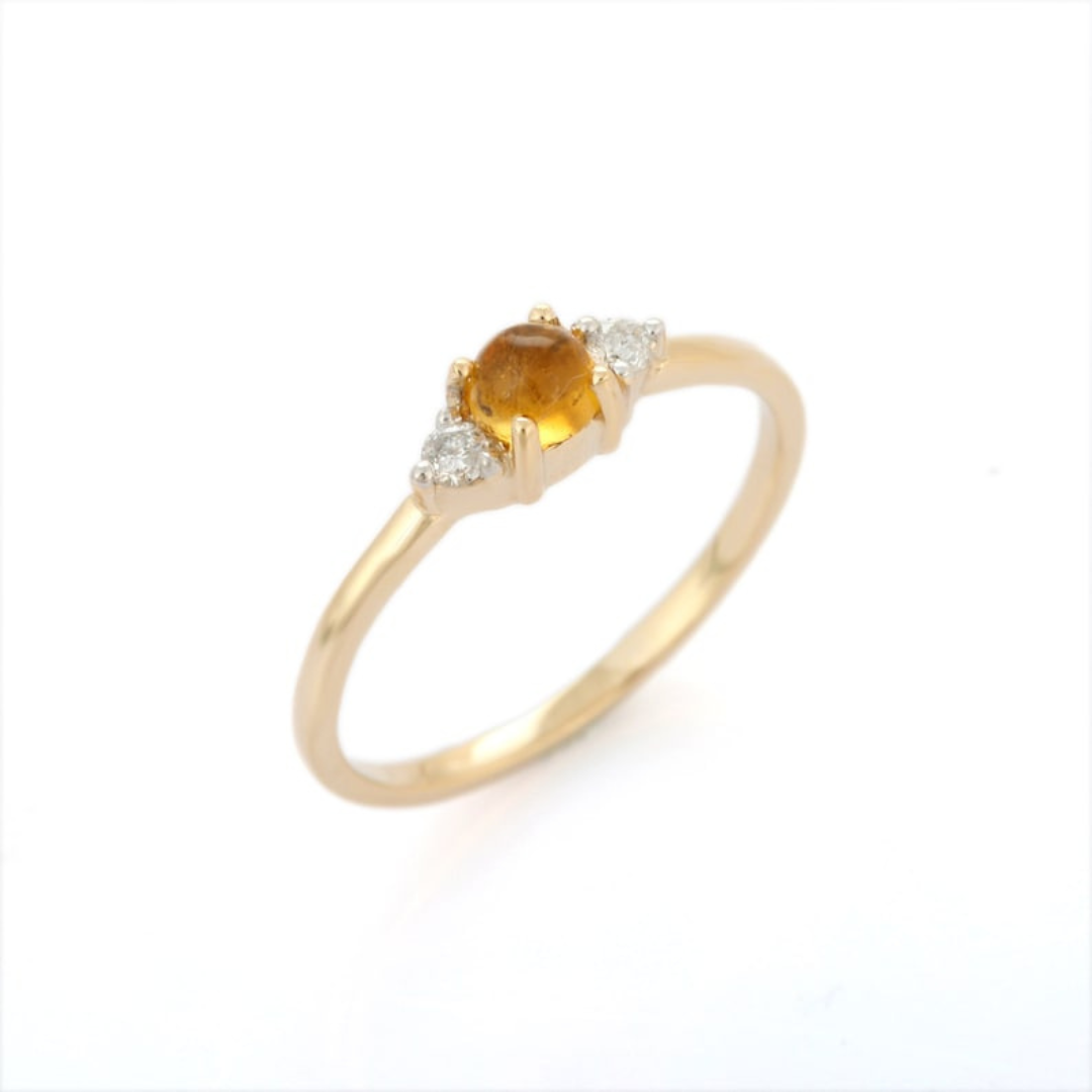 14K Gold Cabochon Citrine and Diamond Ring