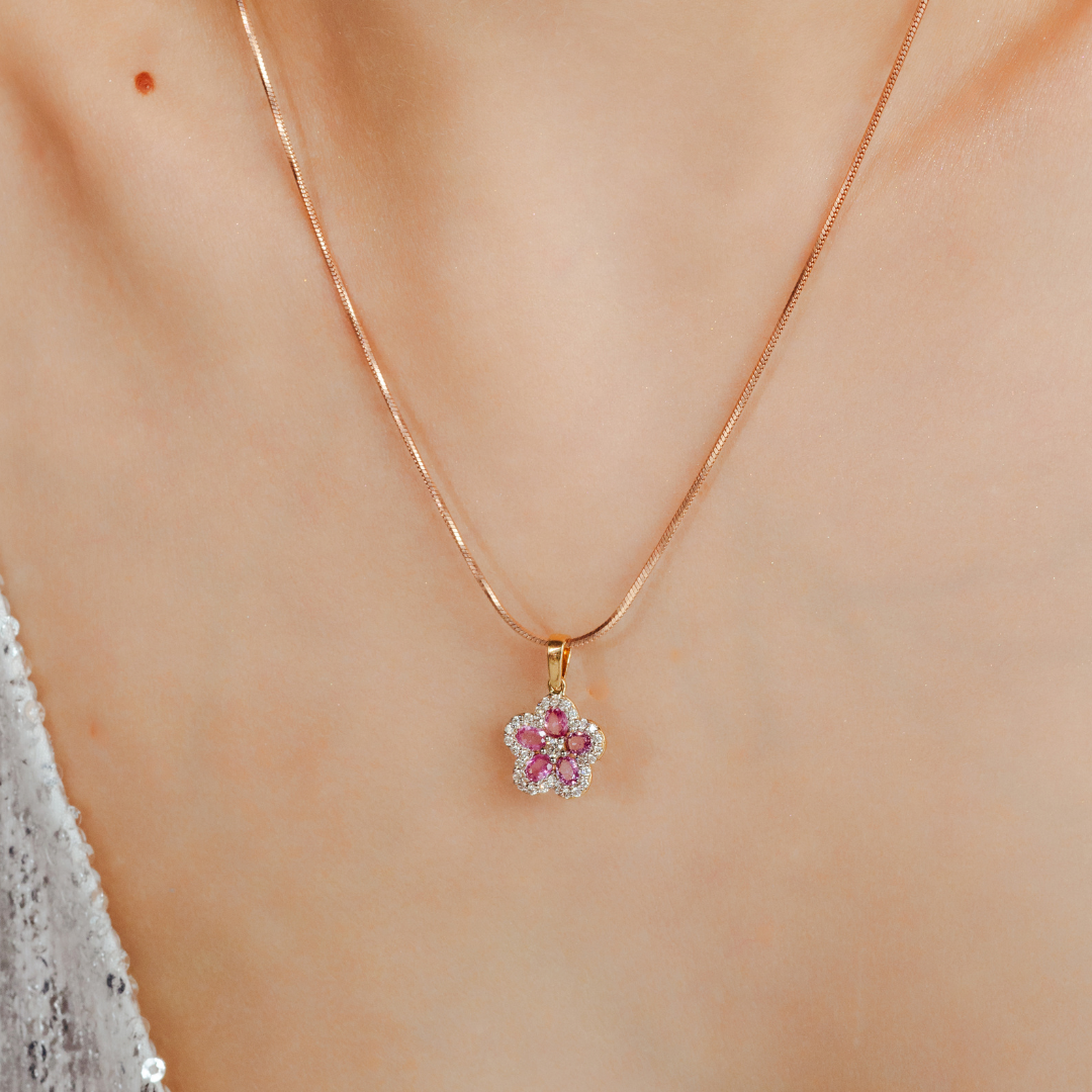 18K Gold Pink Sapphire Cherry Blossom Flower Pendant