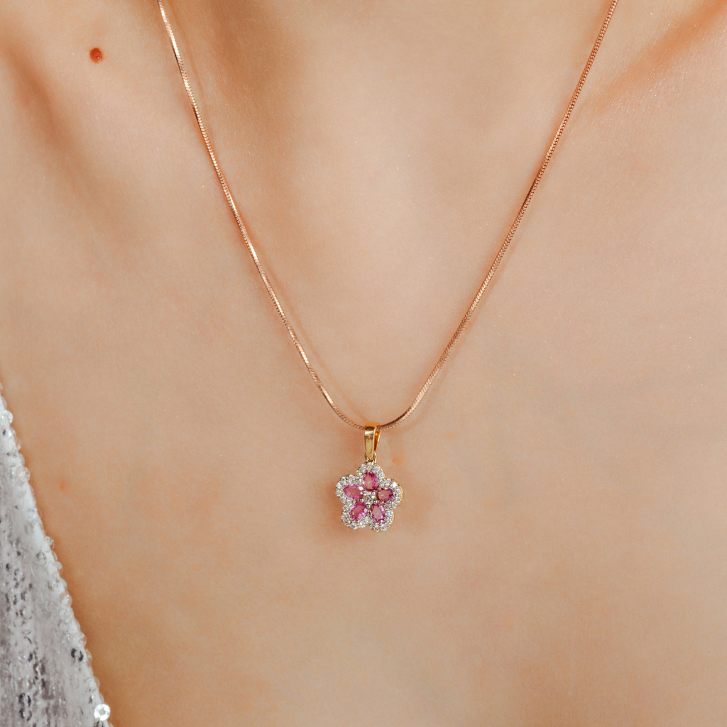 18K Gold Pink Sapphire Cherry Blossom Flower Pendant Image