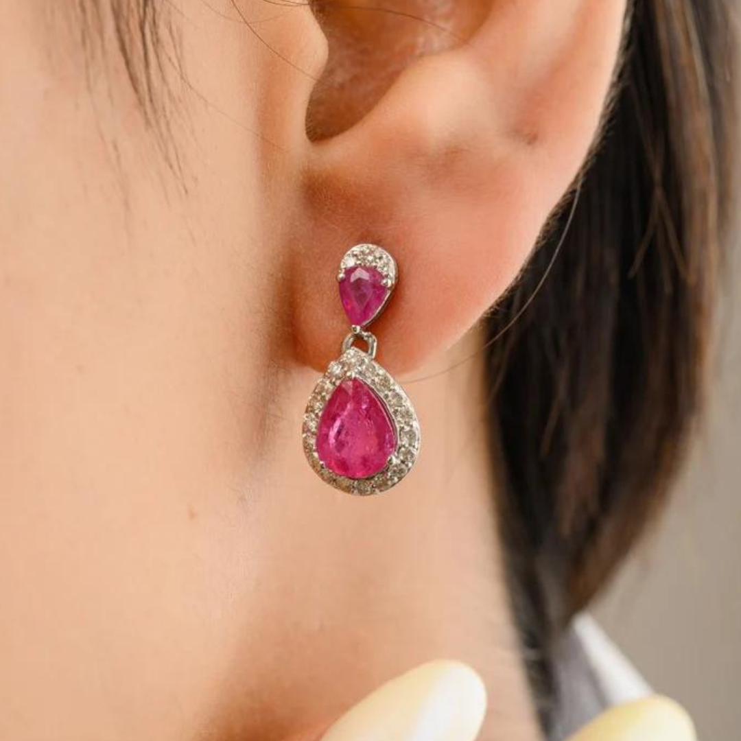 Pear Cut Ruby Diamond Dainty Dangling Earrings