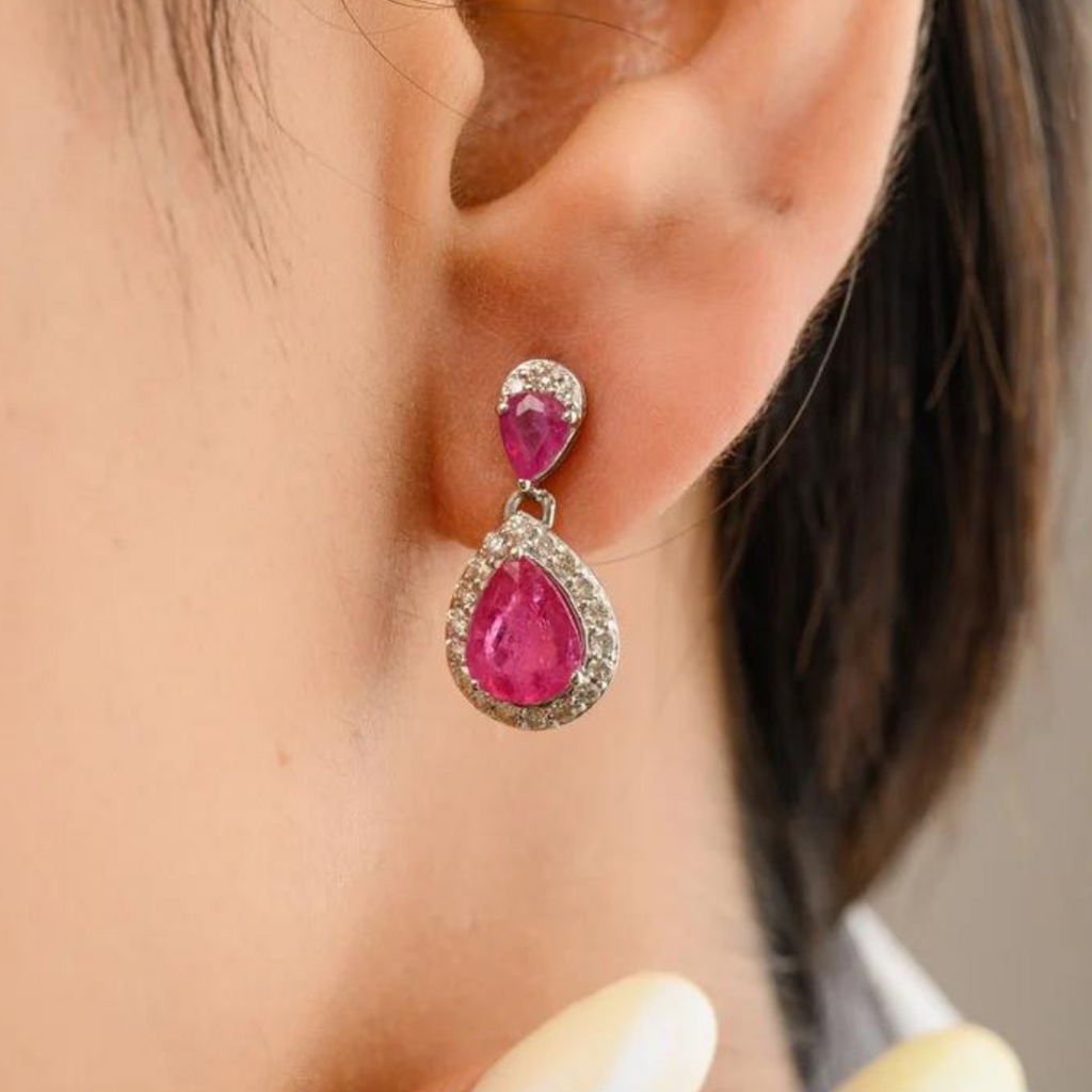 Pear Cut Ruby Diamond Dainty Dangling Earrings Image