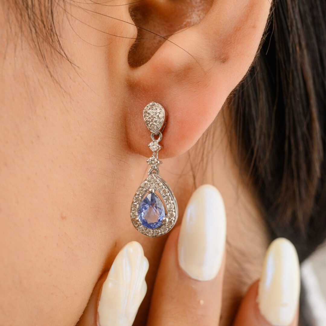 14k White Gold Sapphire Diamond Drop Earrings
