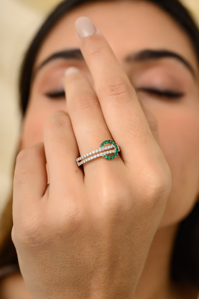 18K Solid White Gold Belt Buckle Ring In Emerald & Diamond Image