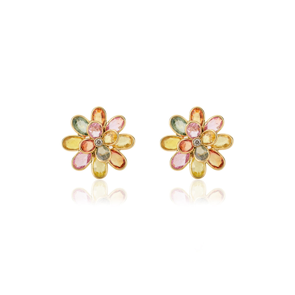 18K Solid Yellow Gold Multi Sapphire Floral Stud Image