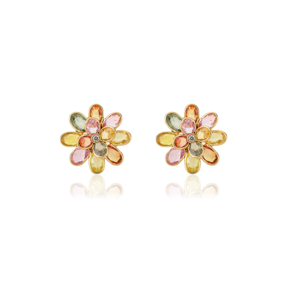 18K Solid Yellow Gold Multi Sapphire Floral Stud