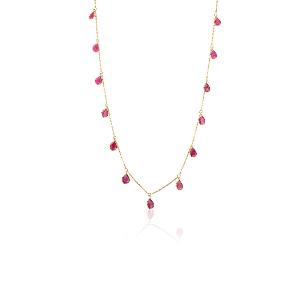 18K Solid Yellow Gold Ruby Station Necklace Image