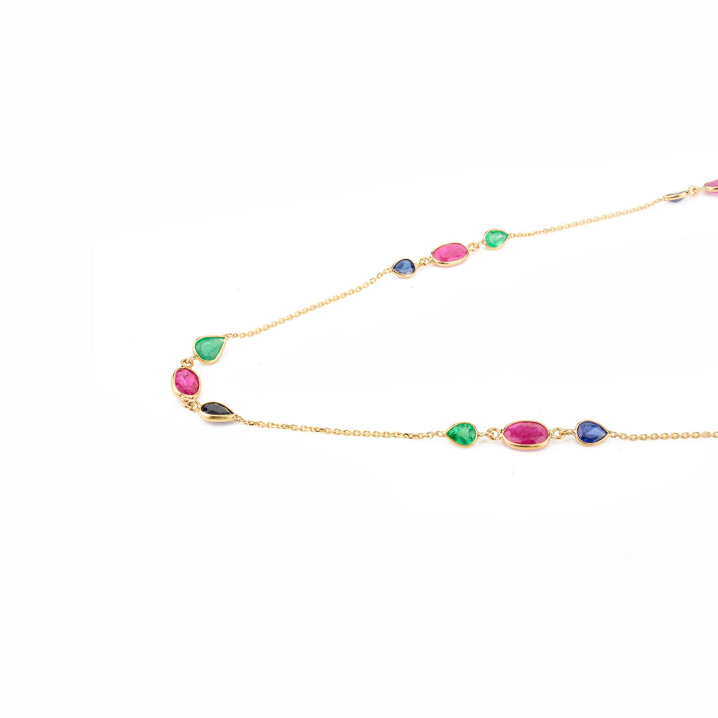18K Solid Yellow Gold Multi Gemstone Station Necklace Image
