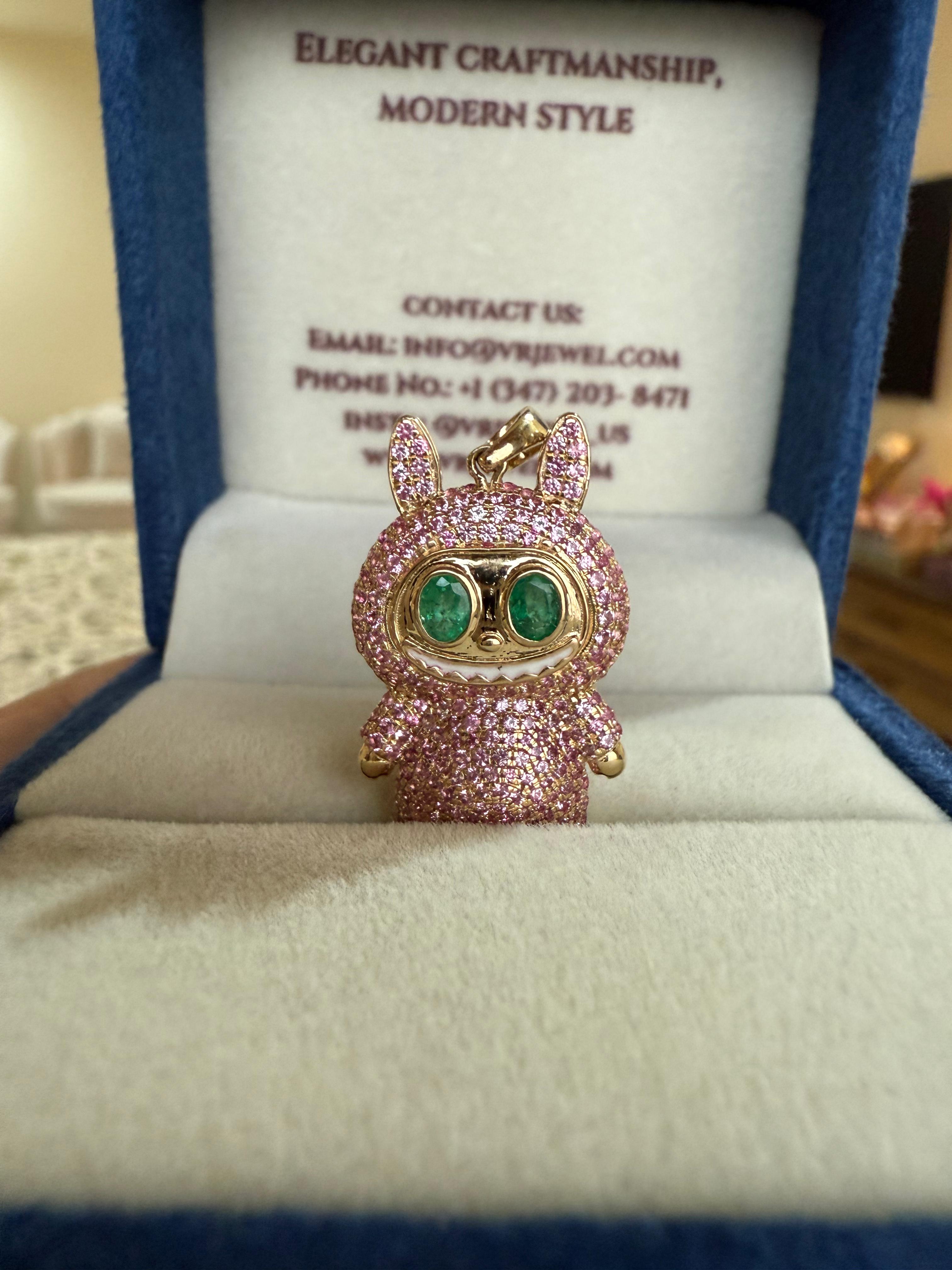 14K Gold Labubu Pendant in Pink Sapphire & Emeralds