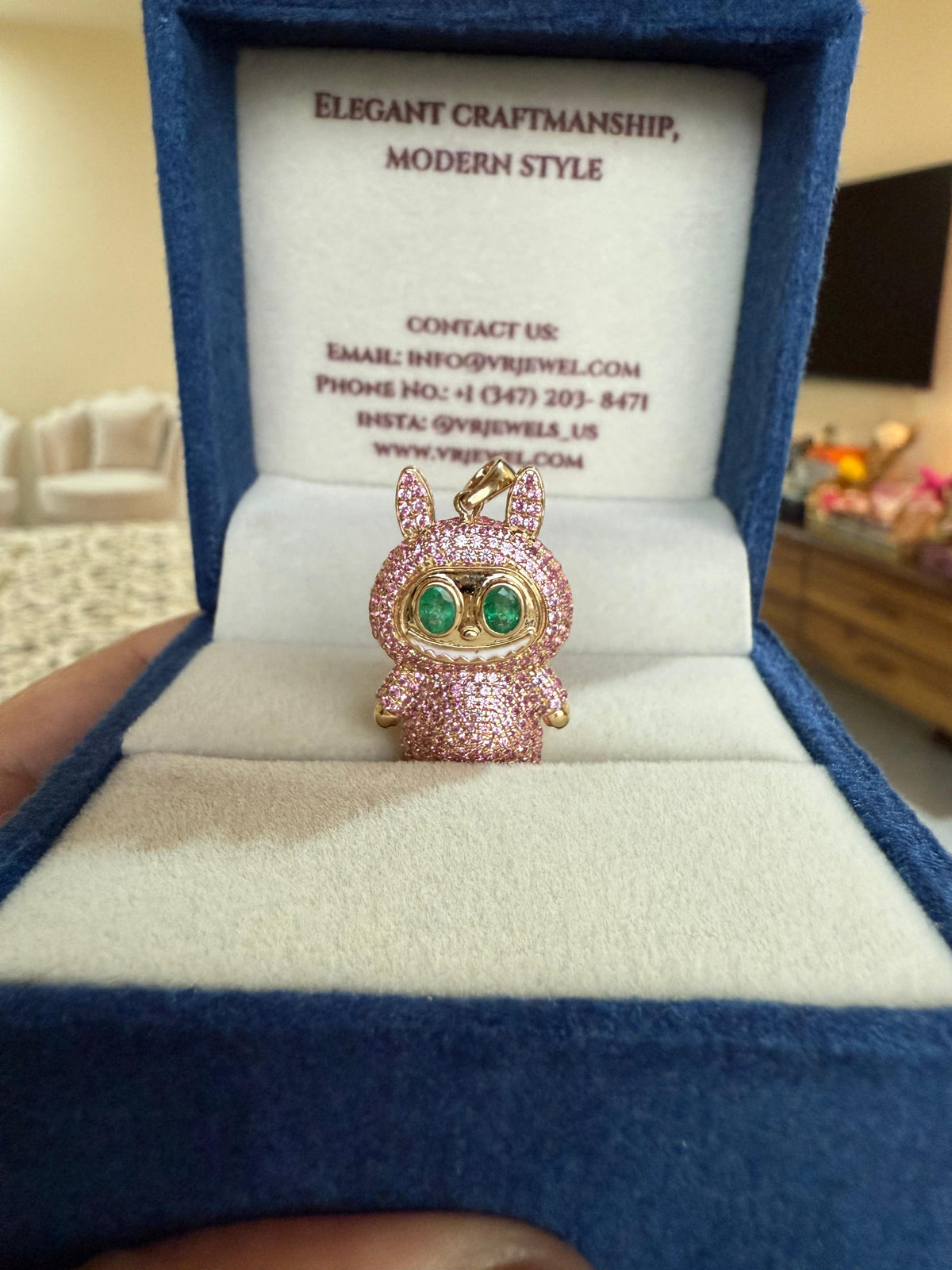 14K Gold Labubu Pendant in Pink Sapphire & Emeralds