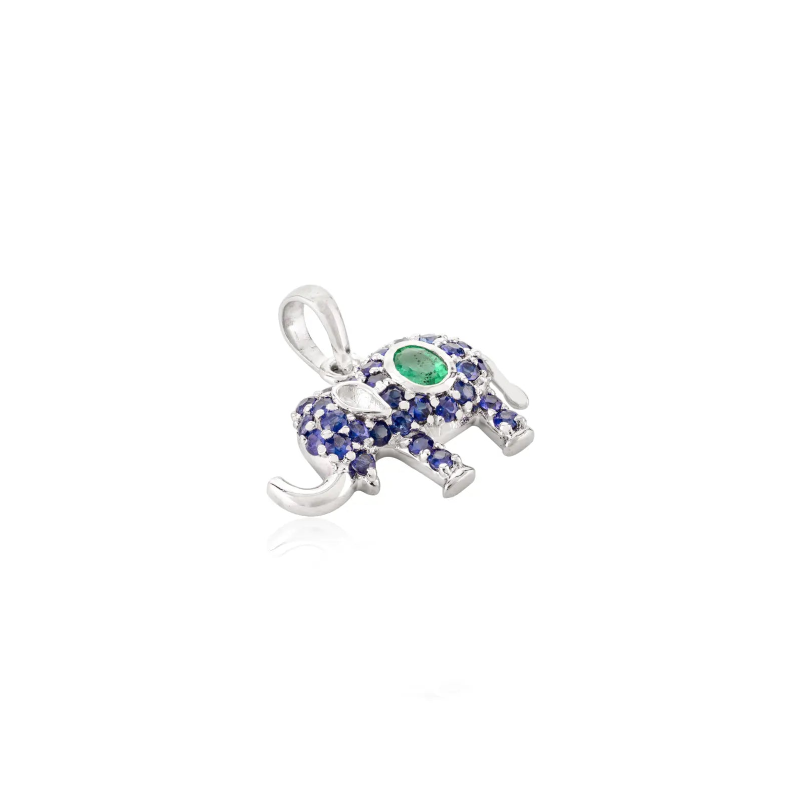 14K Solid White Gold Art Deco Emerald & Blue Sapphire Elephant Pendant