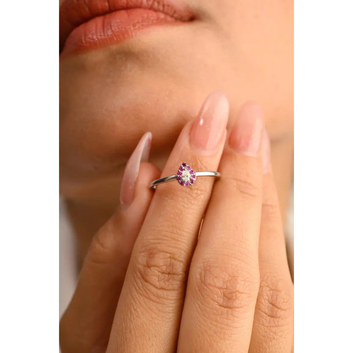 14K Solid White Gold Ruby Pear Cut Ring