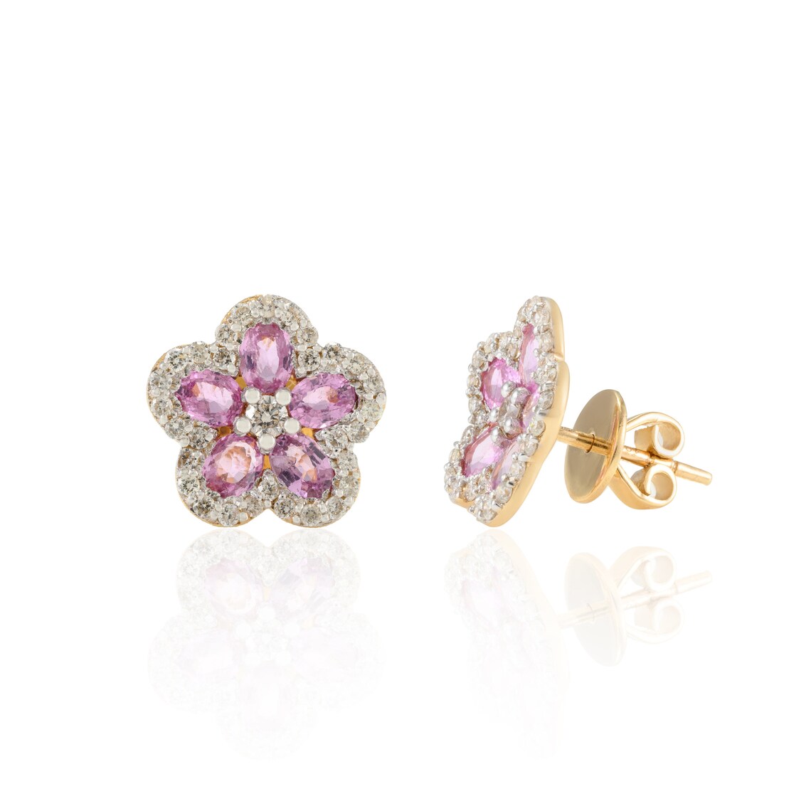 18K Gold Pink Sapphire Cherry Blossom Flower Earrings
