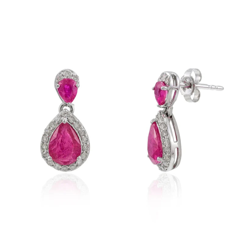 Pear Cut Ruby Diamond Dainty Dangling Earrings Image