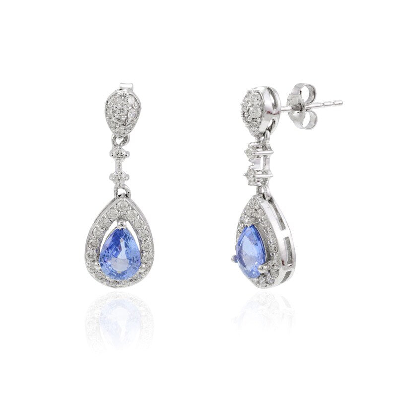14K White Gold Sapphire Diamond Drop Earrings Image
