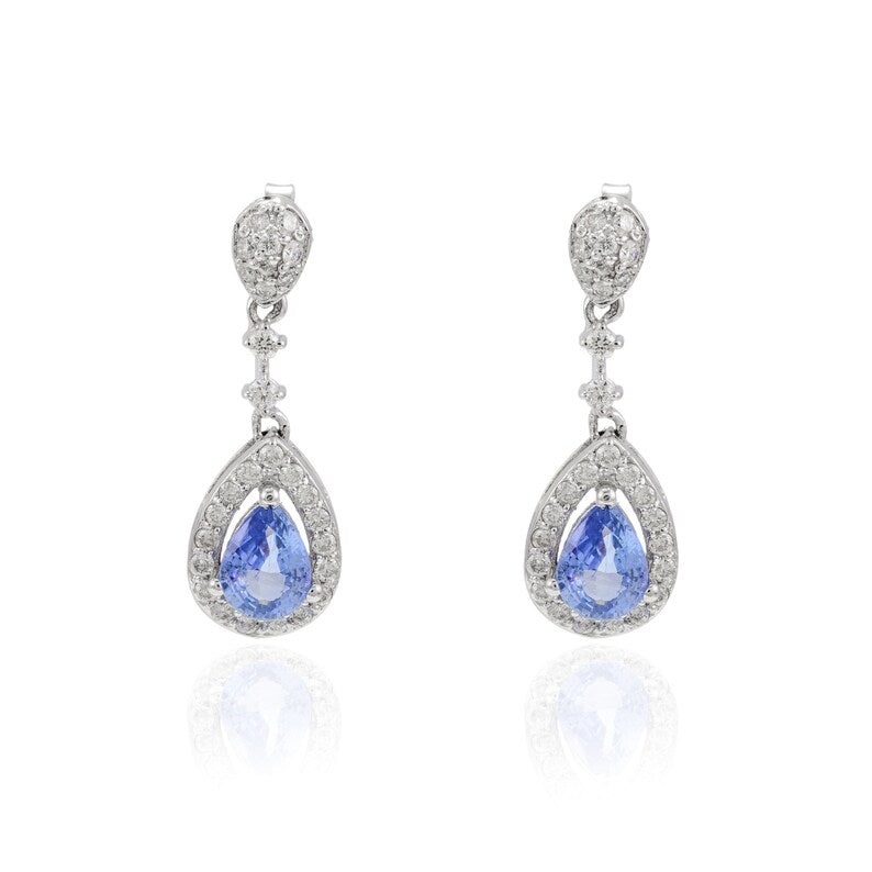 14K White Gold Sapphire Diamond Drop Earrings Image