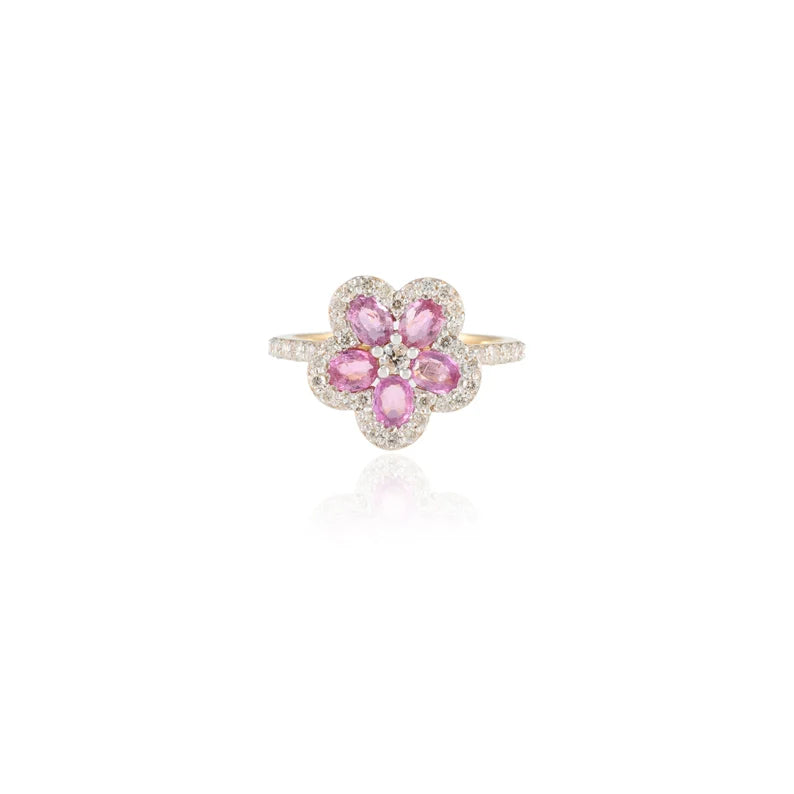 18K Gold Pink Sapphire Cherry Blossom Flower Ring