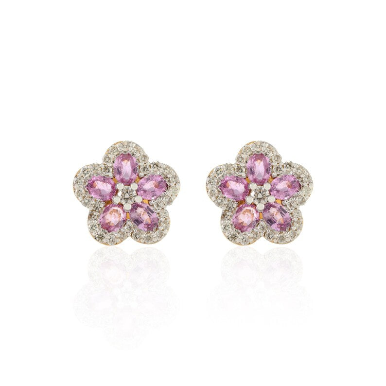 18K Gold Pink Sapphire Cherry Blossom Flower Earrings