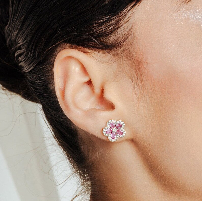 18K Gold Pink Sapphire Cherry Blossom Flower Earrings Image