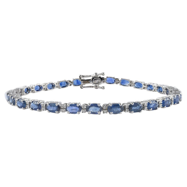 14K Solid Gold Blue Sapphire Diamond Tennis Bracelet