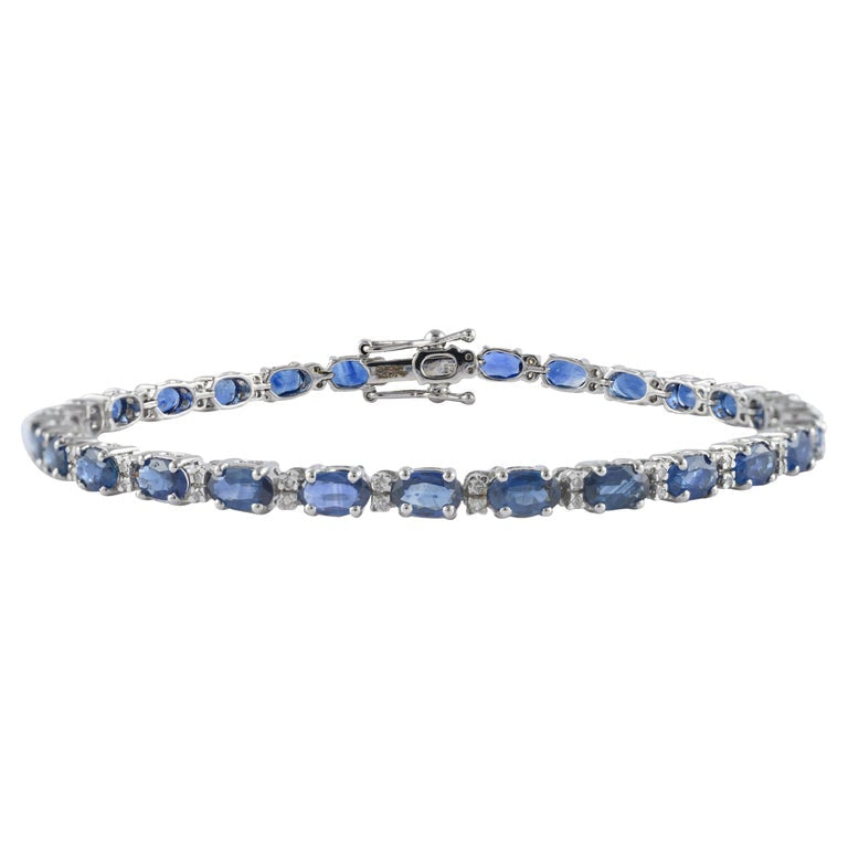 14K Solid Gold Blue Sapphire Diamond Tennis Bracelet Image