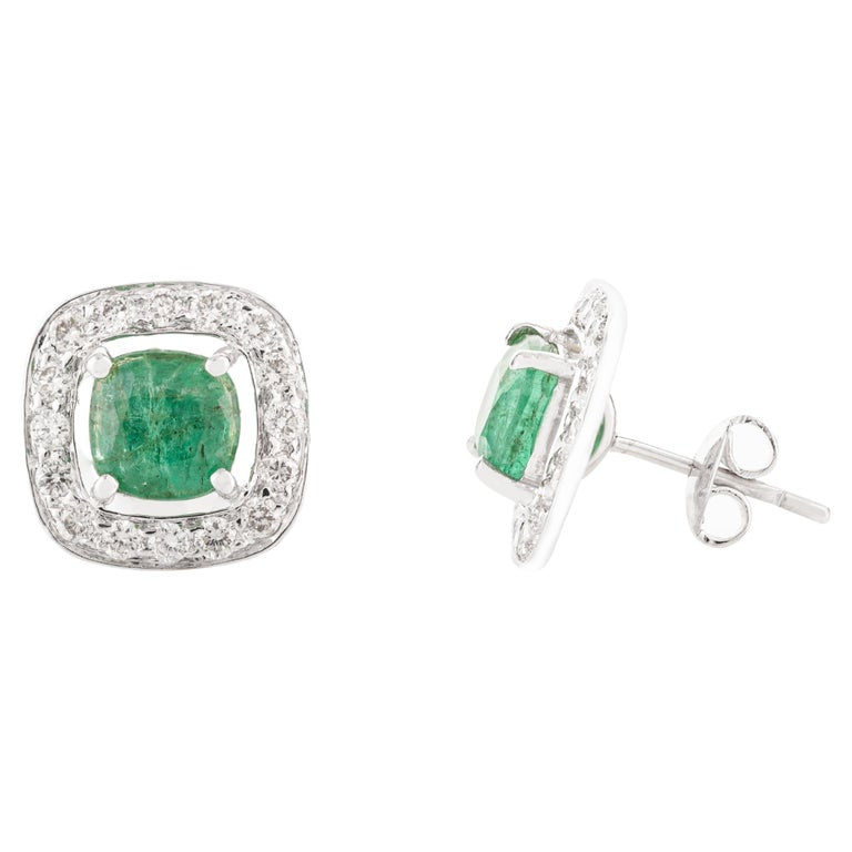 14K Solid White Gold Emerald Halo Diamond Halo Stud Earrings - 2 Pieces