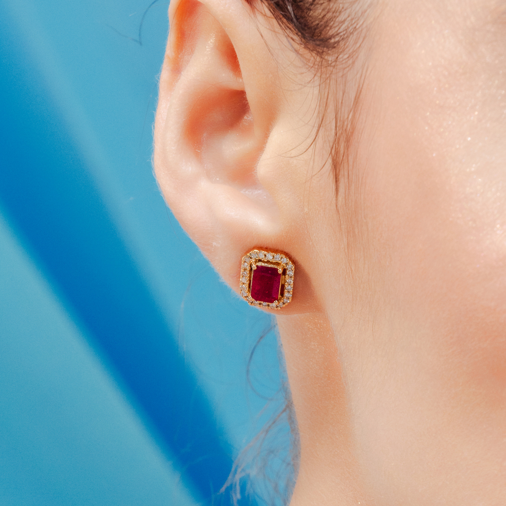 18K Gold Octagon Ruby Halo Diamond Studs Image