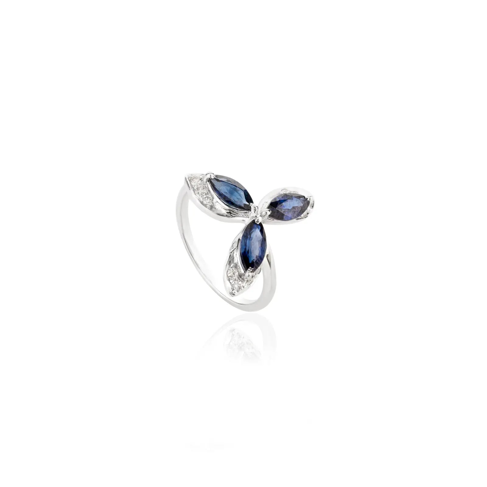 14K Solid White Gold Blue Sapphire Flower Ring